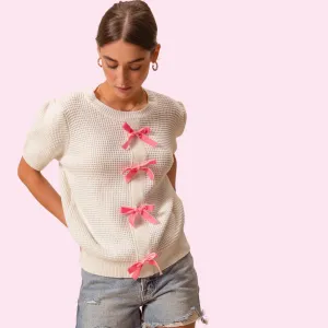 Chic Textured Sweater Knit Top with Elegant Bow Accents