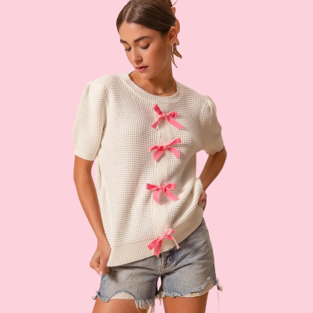 Chic Textured Sweater Knit Top with Elegant Bow Accents
