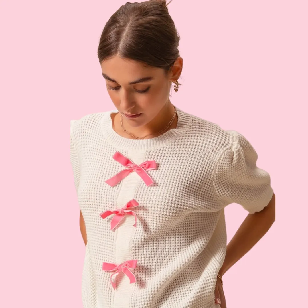 Chic Textured Sweater Knit Top with Elegant Bow Accents
