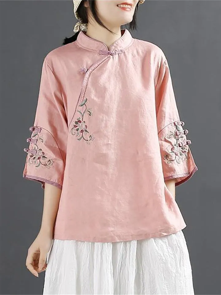Chinese Ancient Style Floral Embroidery Knot Button Shirt for Women