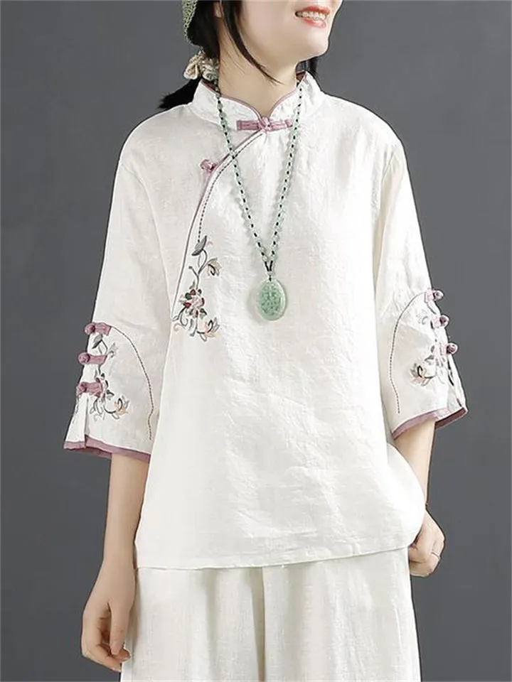 Chinese Ancient Style Floral Embroidery Knot Button Shirt for Women