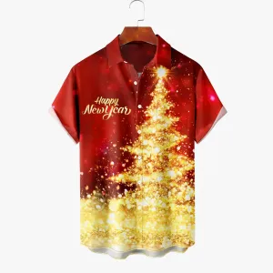Christmas and New Year Printed Men's Button Pocket Short Sleeve Shirt