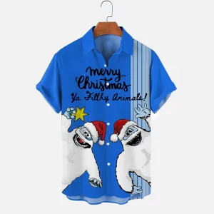 Christmas Cartoon Print Men's Holiday Chest Pocket Stretch Short Sleeve Shirt