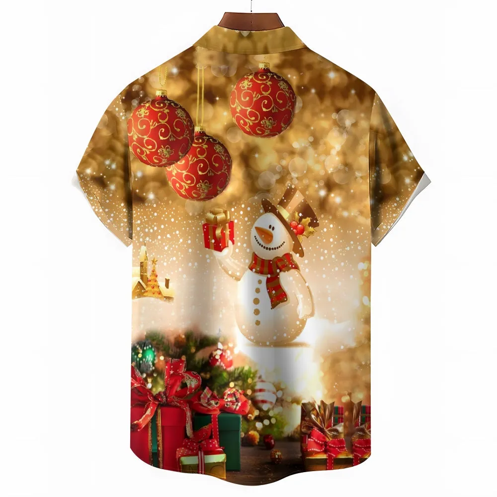 Christmas Snowman Gift Chest Pocket Short Sleeve Shirt 2411005870