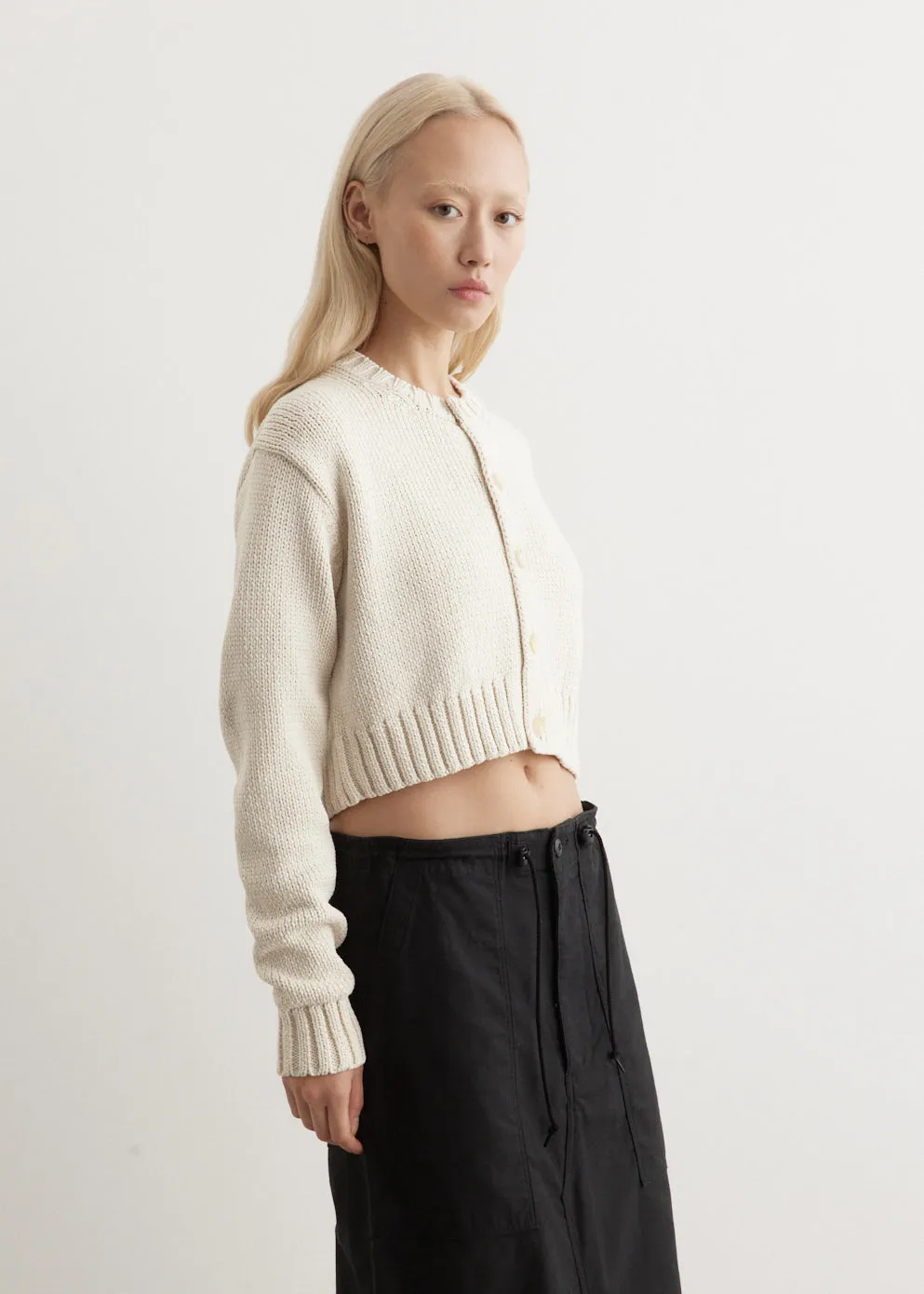 Cotton Lily-Yarn Knit Crew Neck Short Cardigan