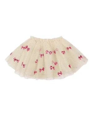 Cream Tulle Skirt with Sequin Bow Pattern