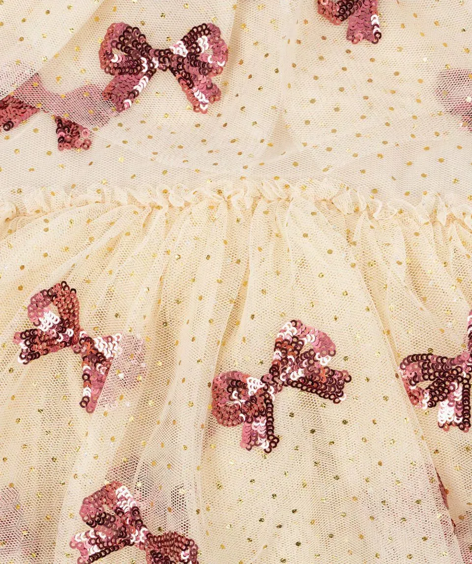 Cream Tulle Skirt with Sequin Bow Pattern