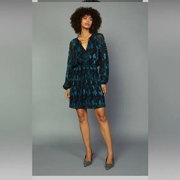 Current Air Hallie Black Teal Floral Jacquard Balloon Sleeve Mini Dress Sz S