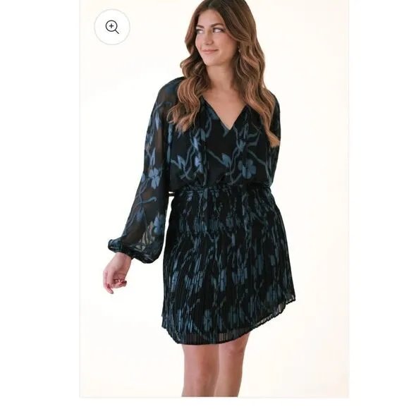 Current Air Hallie Black Teal Floral Jacquard Balloon Sleeve Mini Dress Sz S