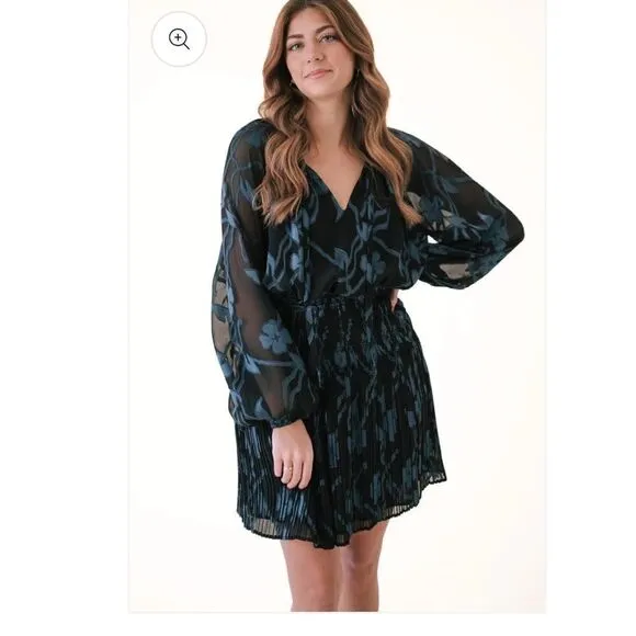 Current Air Hallie Black Teal Floral Jacquard Balloon Sleeve Mini Dress Sz S