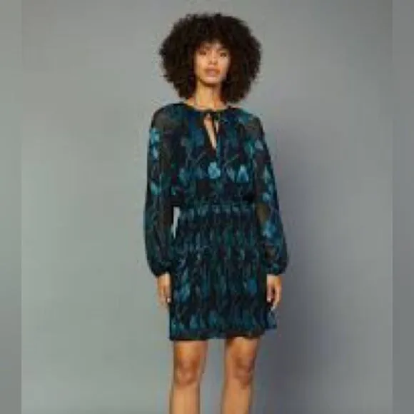 Current Air Hallie Black Teal Floral Jacquard Balloon Sleeve Mini Dress Sz S