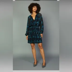 Current Air Hallie Black Teal Floral Jacquard Balloon Sleeve Mini Dress Sz S