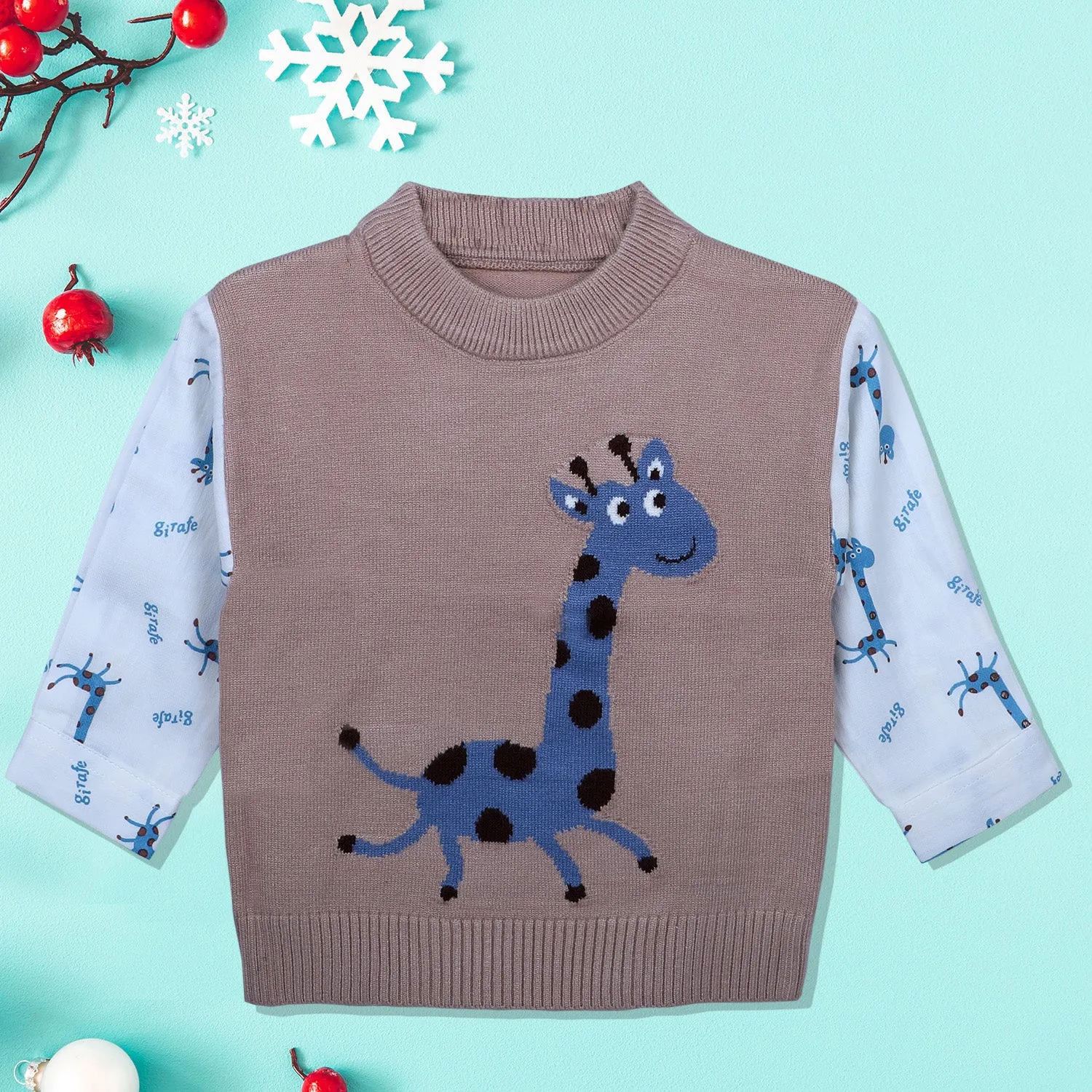 Cute Giraffe Premium Full Sleeves Knitted Sweater - Brown And White