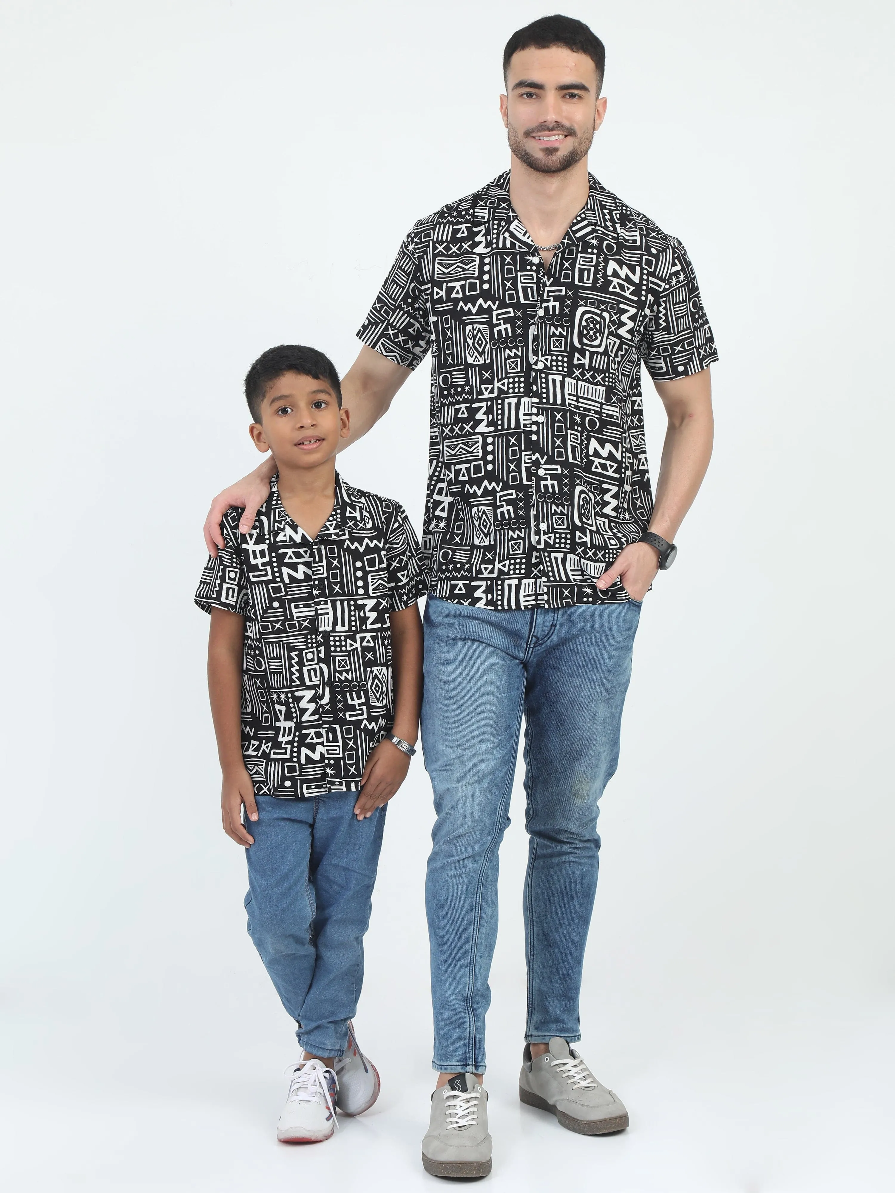 Dad & Son Aztec Printed Shirt Black White