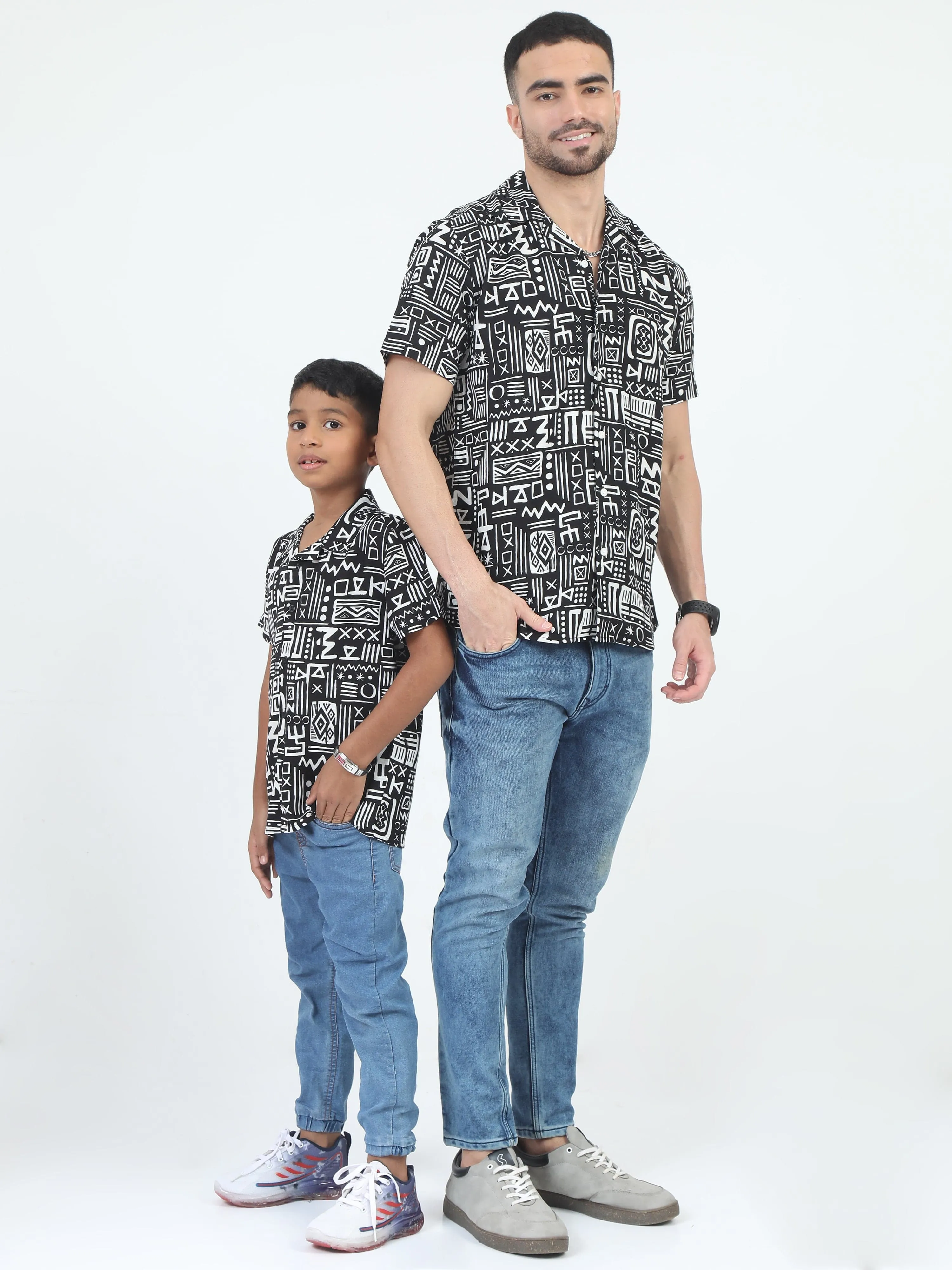 Dad & Son Aztec Printed Shirt Black White