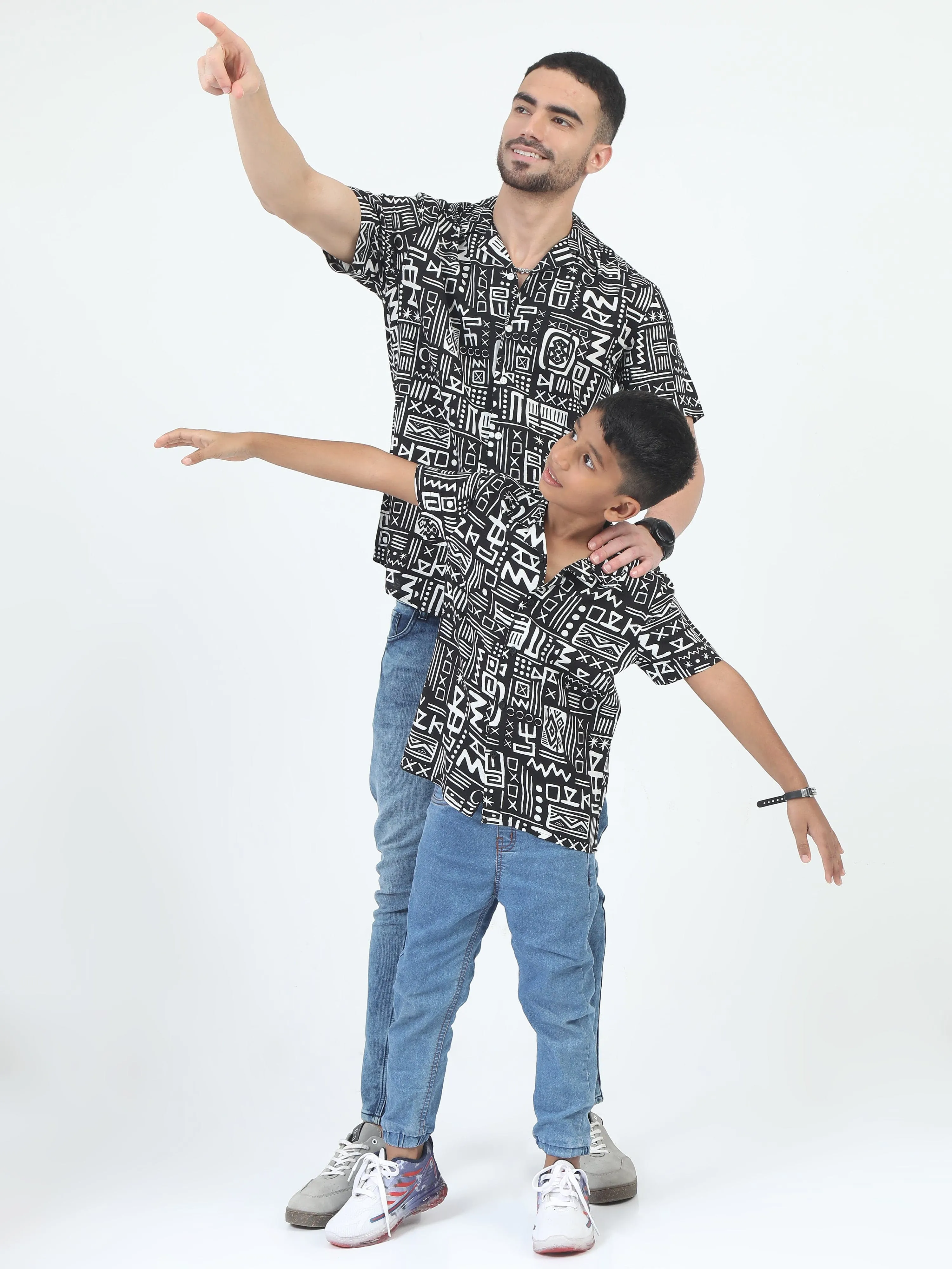 Dad & Son Aztec Printed Shirt Black White