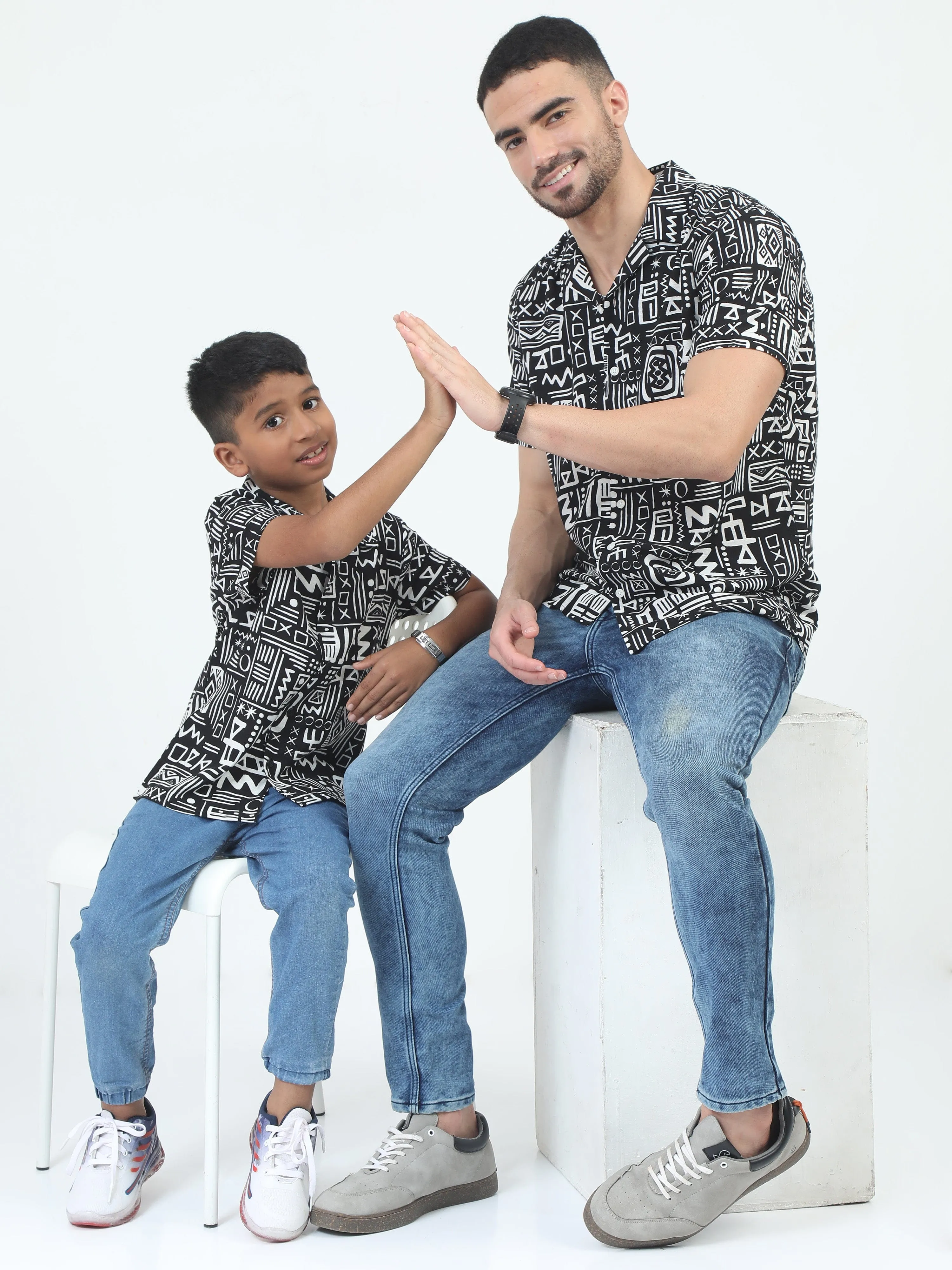 Dad & Son Aztec Printed Shirt Black White