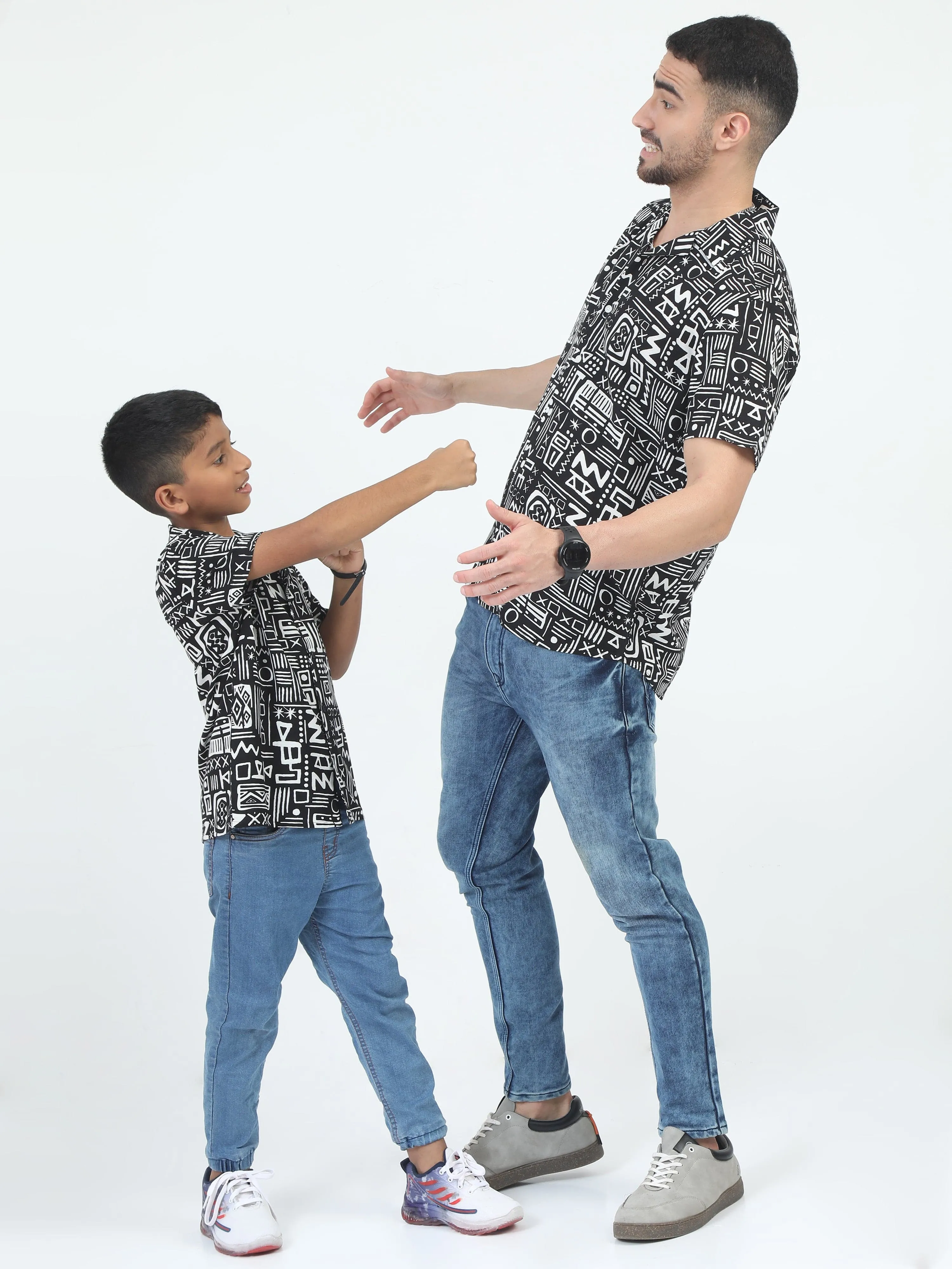 Dad & Son Aztec Printed Shirt Black White