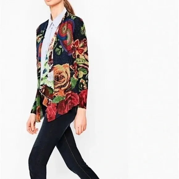 Desigual Beni Multicolor Floral Versatile Cardigan Shoulder Zip Closure Size M