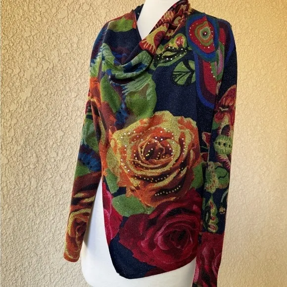 Desigual Beni Multicolor Floral Versatile Cardigan Shoulder Zip Closure Size M
