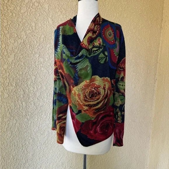 Desigual Beni Multicolor Floral Versatile Cardigan Shoulder Zip Closure Size M