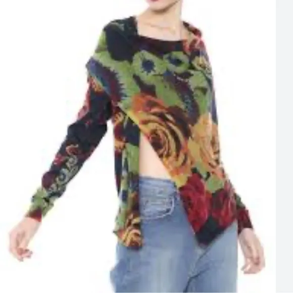Desigual Beni Multicolor Floral Versatile Cardigan Shoulder Zip Closure Size M