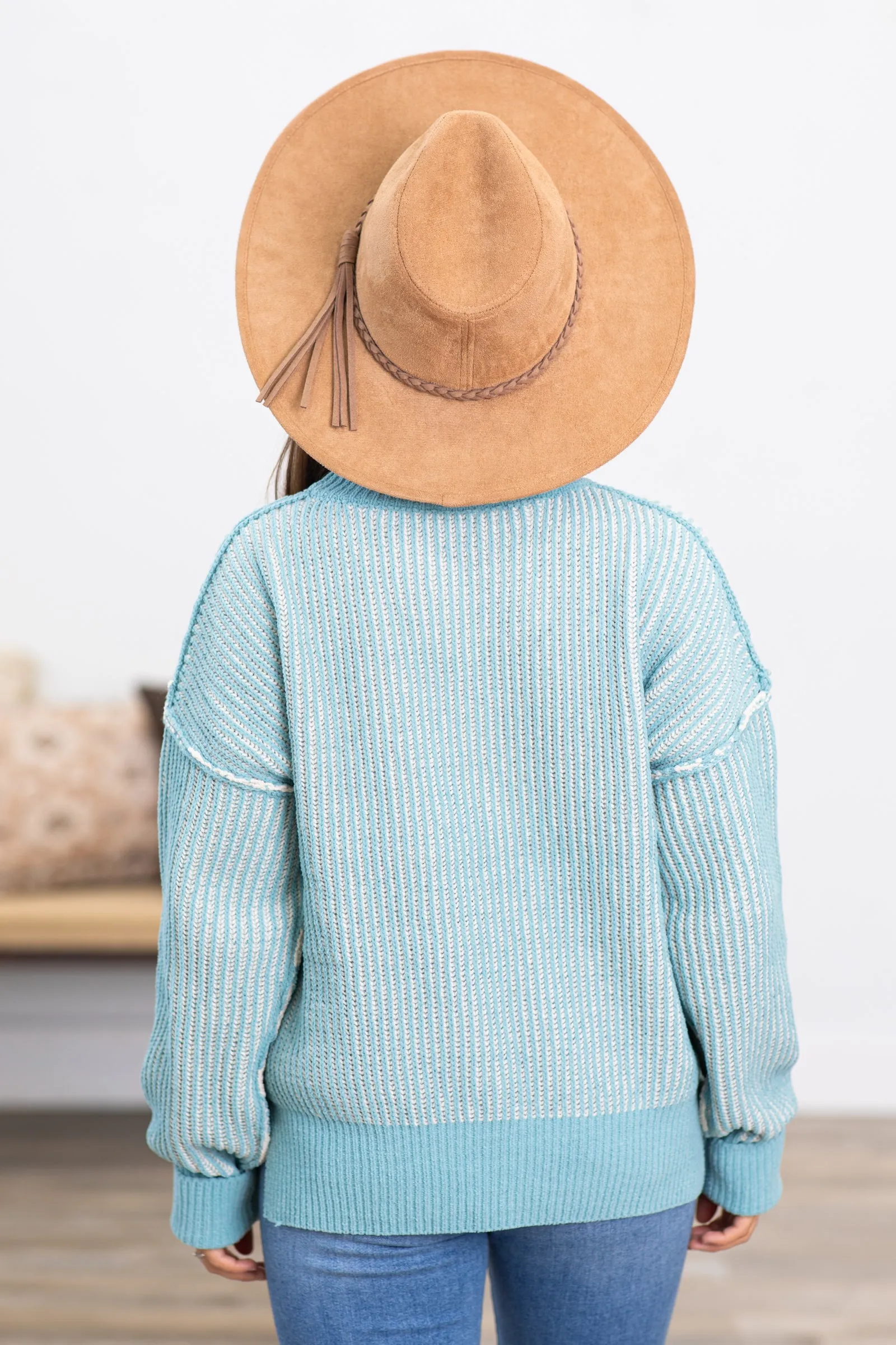 Dusty Teal Ribbed Drop Shoulder Sweater