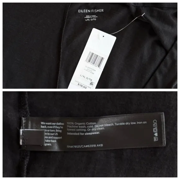 EILEEN FISHER NWT L/XL Slubby Organic Cotton V-Neck Sleep Robe in Black • Lounge