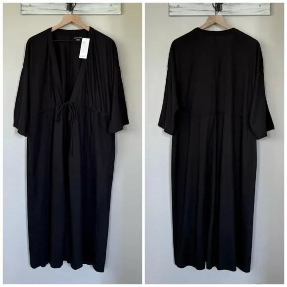 EILEEN FISHER NWT L/XL Slubby Organic Cotton V-Neck Sleep Robe in Black • Lounge
