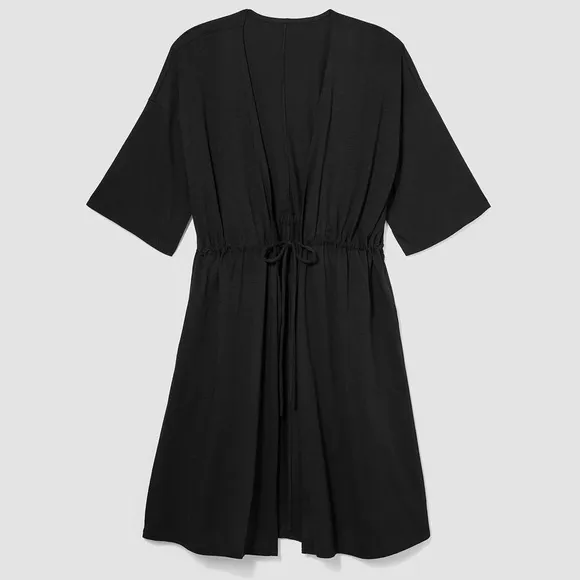 EILEEN FISHER NWT L/XL Slubby Organic Cotton V-Neck Sleep Robe in Black • Lounge