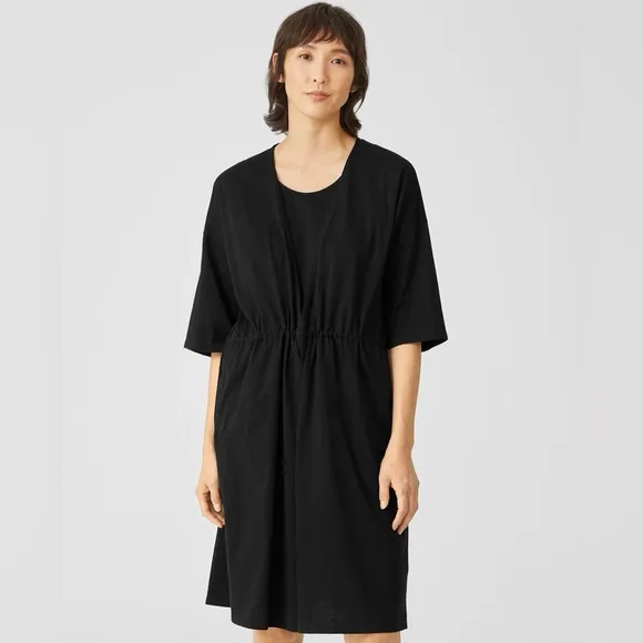 EILEEN FISHER NWT L/XL Slubby Organic Cotton V-Neck Sleep Robe in Black • Lounge