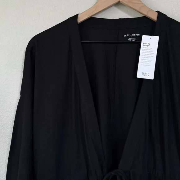 EILEEN FISHER NWT L/XL Slubby Organic Cotton V-Neck Sleep Robe in Black • Lounge