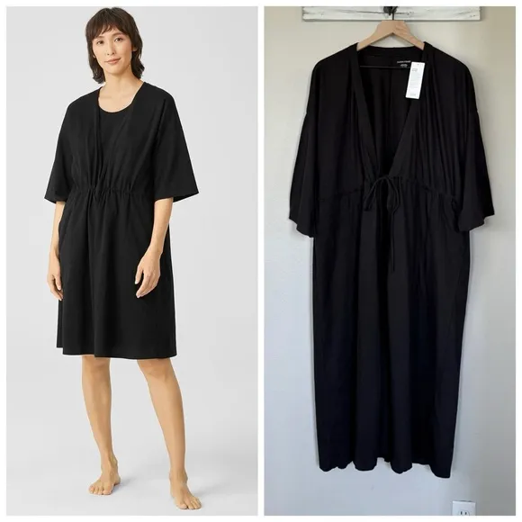 EILEEN FISHER NWT L/XL Slubby Organic Cotton V-Neck Sleep Robe in Black • Lounge