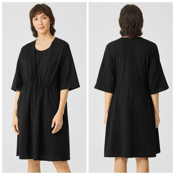 EILEEN FISHER NWT L/XL Slubby Organic Cotton V-Neck Sleep Robe in Black • Lounge