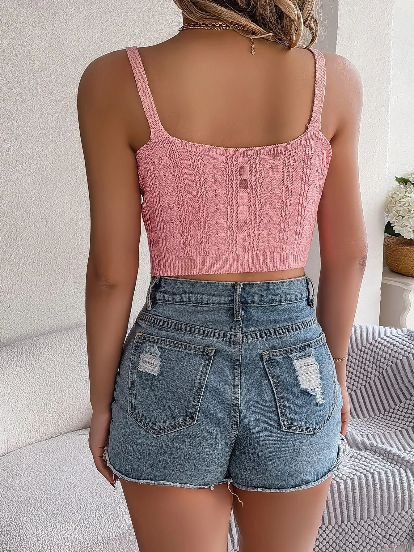 Elegant V-Neck Knit Textured Crop Top for Effortless Spring/Summer Style