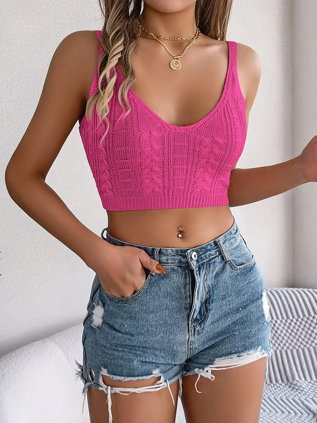 Elegant V-Neck Knit Textured Crop Top for Effortless Spring/Summer Style