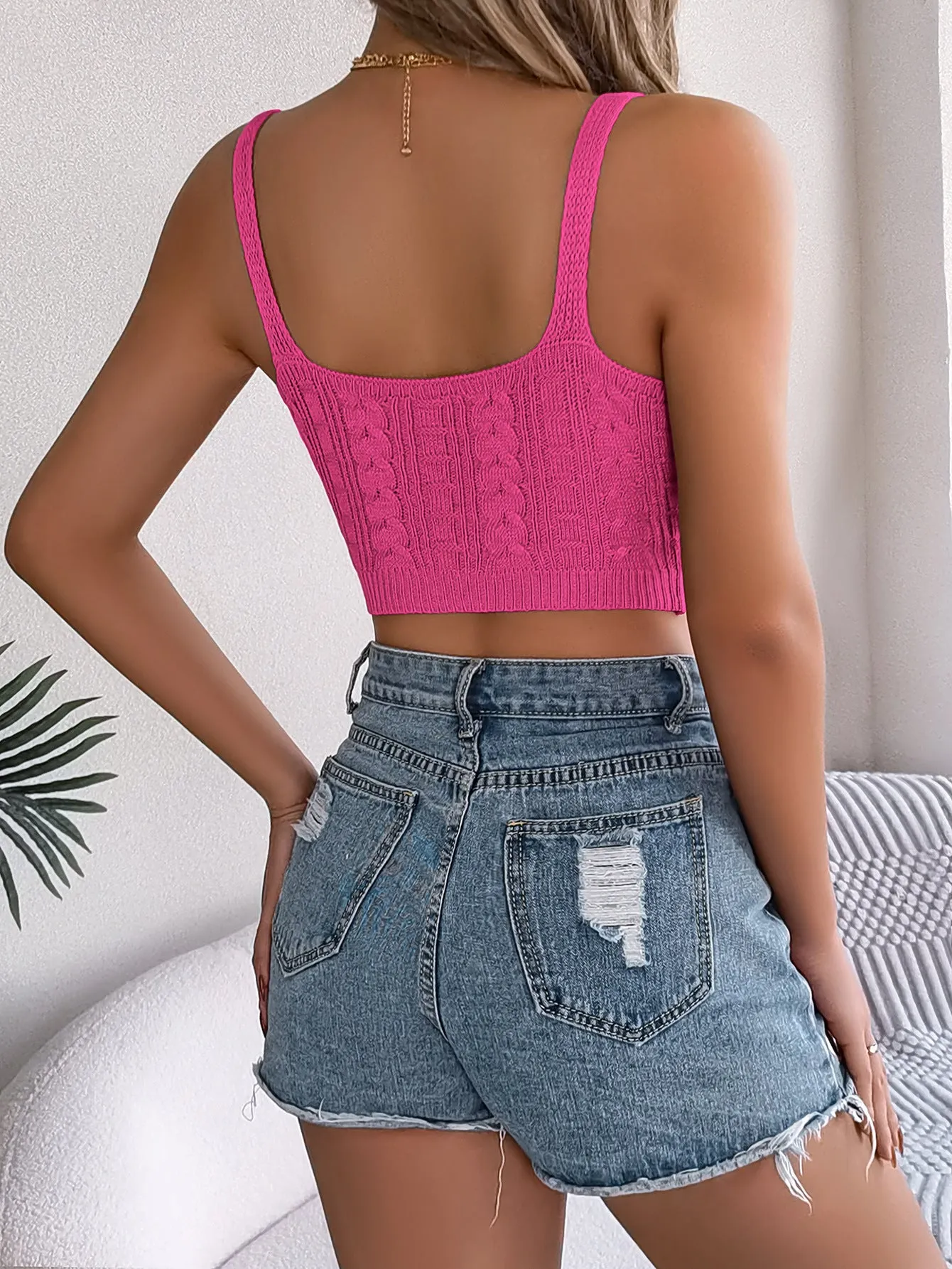 Elegant V-Neck Knit Textured Crop Top for Effortless Spring/Summer Style