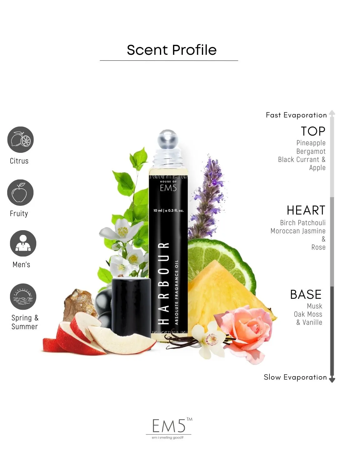 EM5™ Harbour Perfume Oil Roll On (Attar) 90% Concentrate Non-Alcoholic for Men and Women, Strong and Long Lasting | Fruity Fresh Tropical Fragrance Perfume Oil | 10ml Roll-On Easy to Carry and Travel Friendly