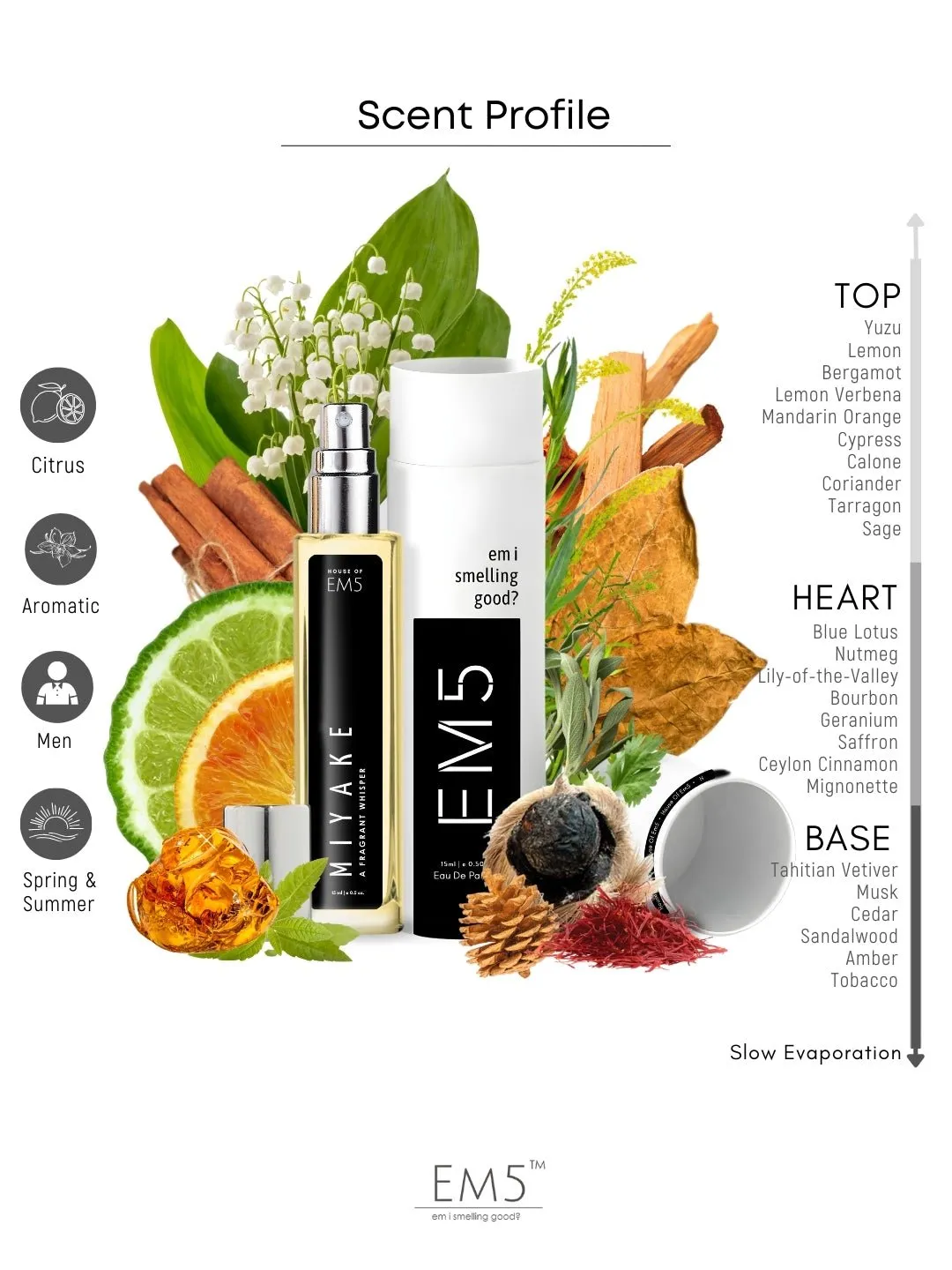 EM5™ Miyake Perfume EDP Spray for Men | Citrus Woody Fresh Spicy Fragrance Accords | Luxury Gift for Him | Variants Available: 50 ml Spray / 15 ml Spray
