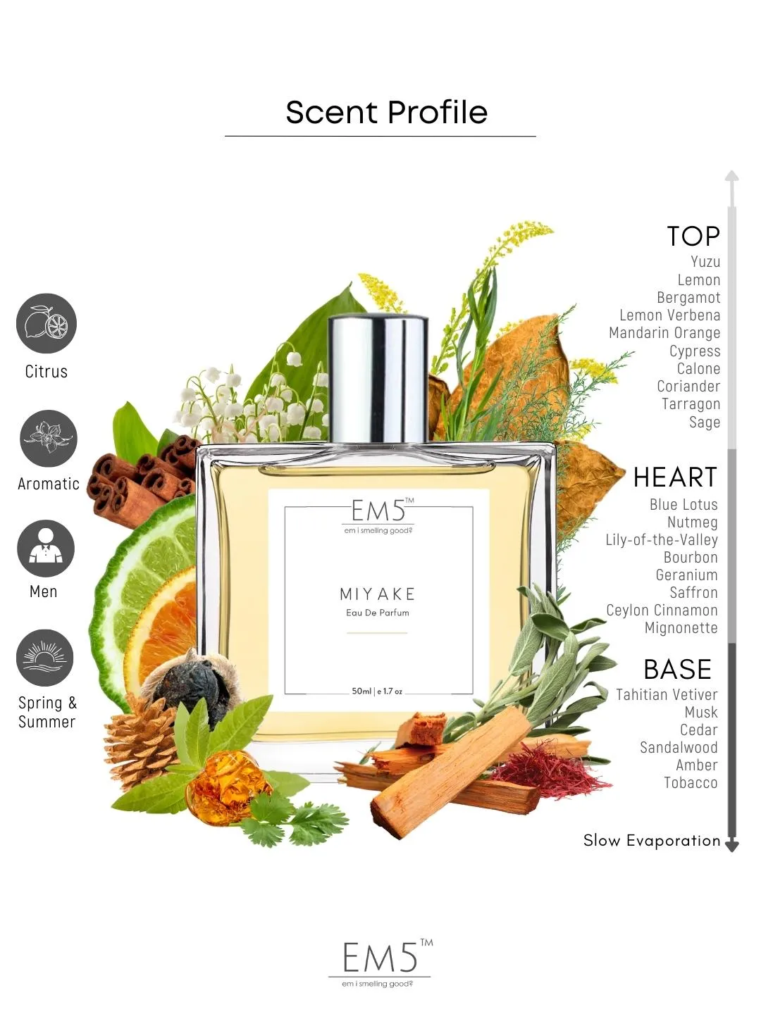 EM5™ Miyake Perfume EDP Spray for Men | Citrus Woody Fresh Spicy Fragrance Accords | Luxury Gift for Him | Variants Available: 50 ml Spray / 15 ml Spray