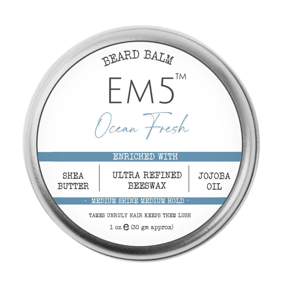 EM5™ Natural Organic Beard Balm | Medium Hold - Shine | BeesWax, Shea Butter, Jojoba Oil, Essential Oils (Ocean Fresh)