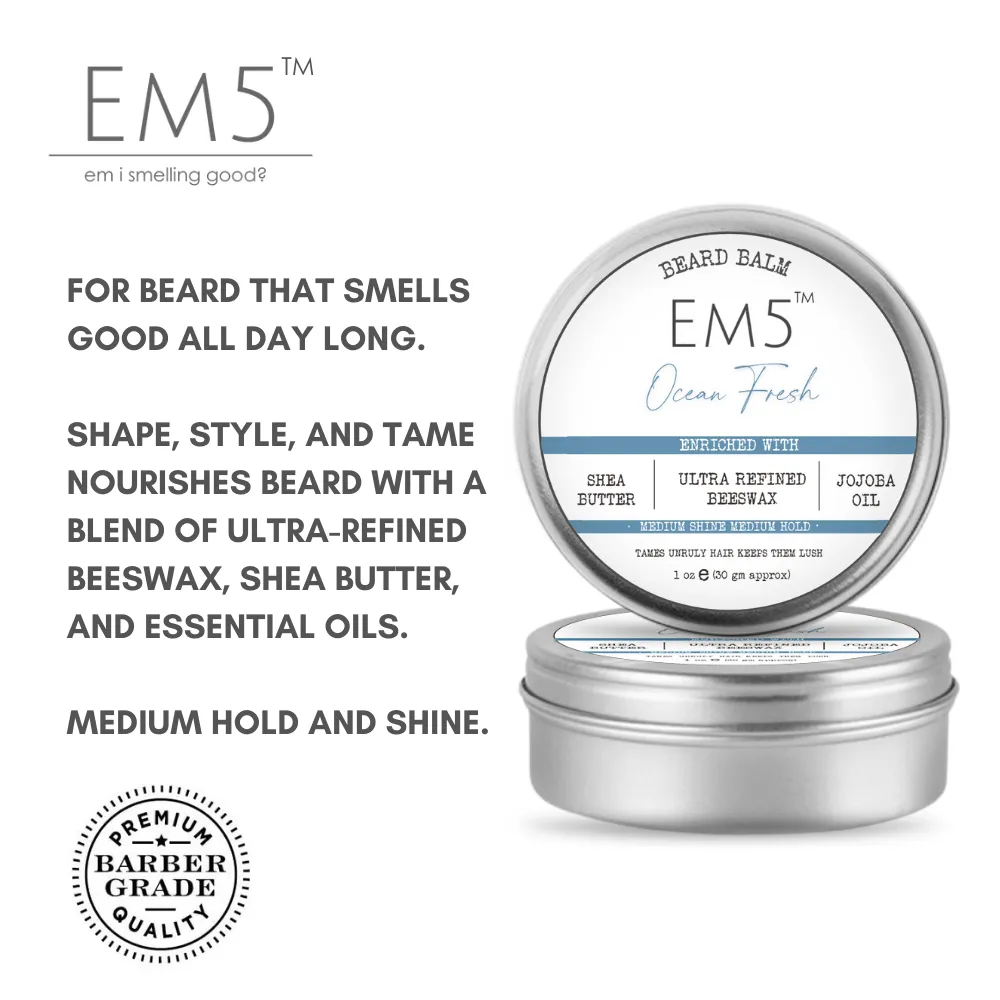 EM5™ Natural Organic Beard Balm | Medium Hold - Shine | BeesWax, Shea Butter, Jojoba Oil, Essential Oils (Ocean Fresh)