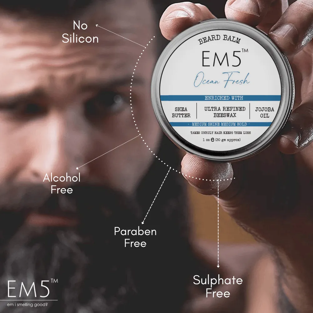EM5™ Natural Organic Beard Balm | Medium Hold - Shine | BeesWax, Shea Butter, Jojoba Oil, Essential Oils (Ocean Fresh)