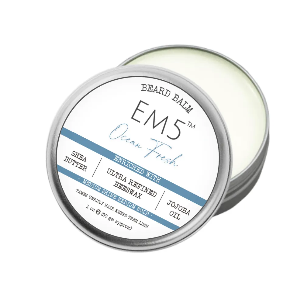 EM5™ Natural Organic Beard Balm | Medium Hold - Shine | BeesWax, Shea Butter, Jojoba Oil, Essential Oils (Ocean Fresh)