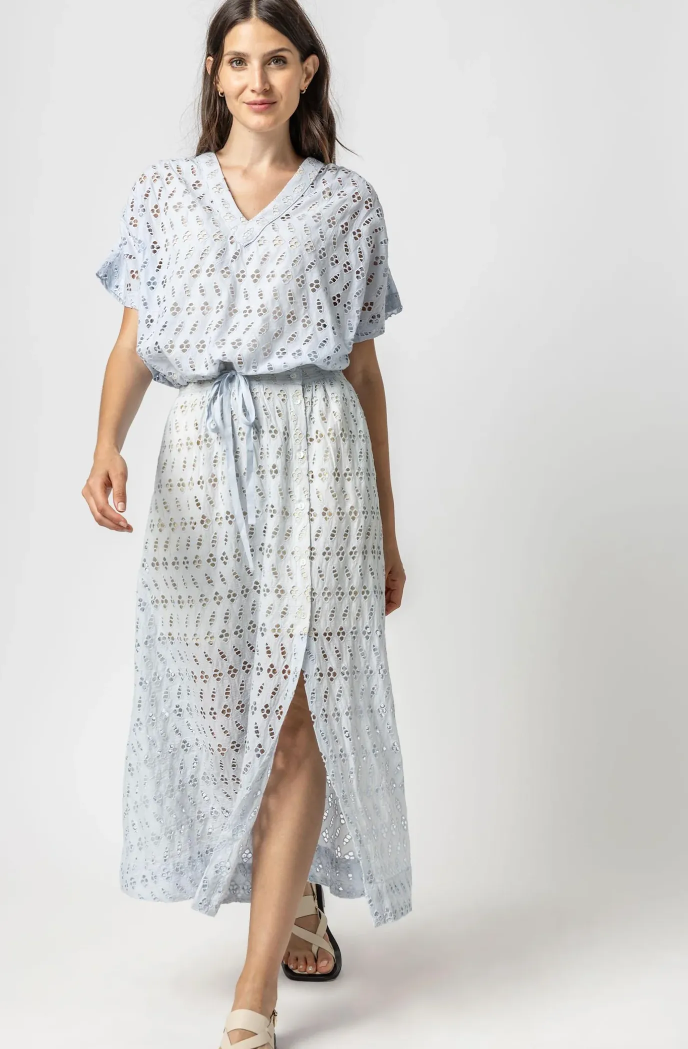 Eyelet Side Button Maxi Skirt
