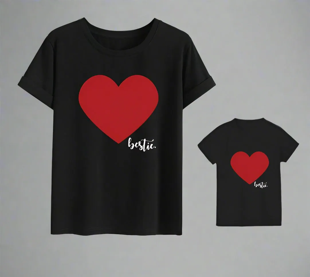 Family Matching "Bestie" Heart T-Shirt Set - Available in Red, White, and Black