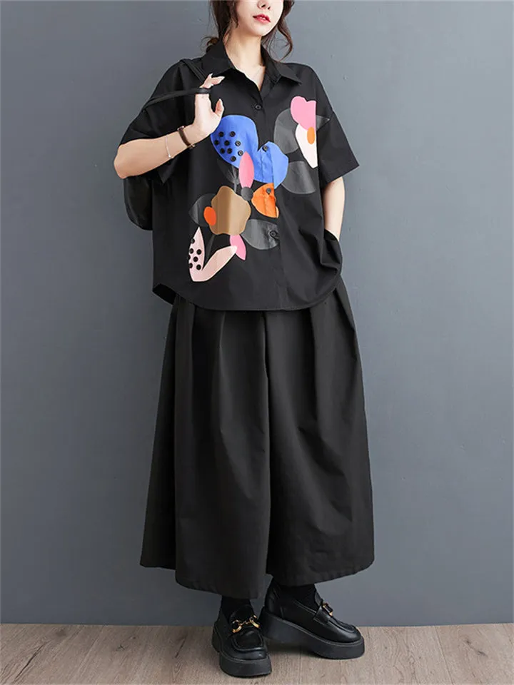 Fashion Personality Print Short Sleeve Button Shirt for Women