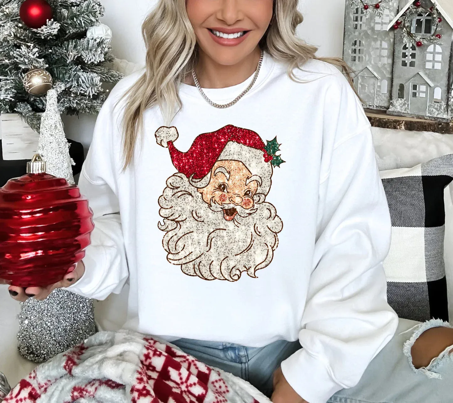 Faux Sequin Retro Santa Christmas Shirt