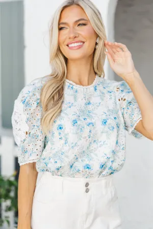 Feeling Joy Blue Floral Eyelet Blouse