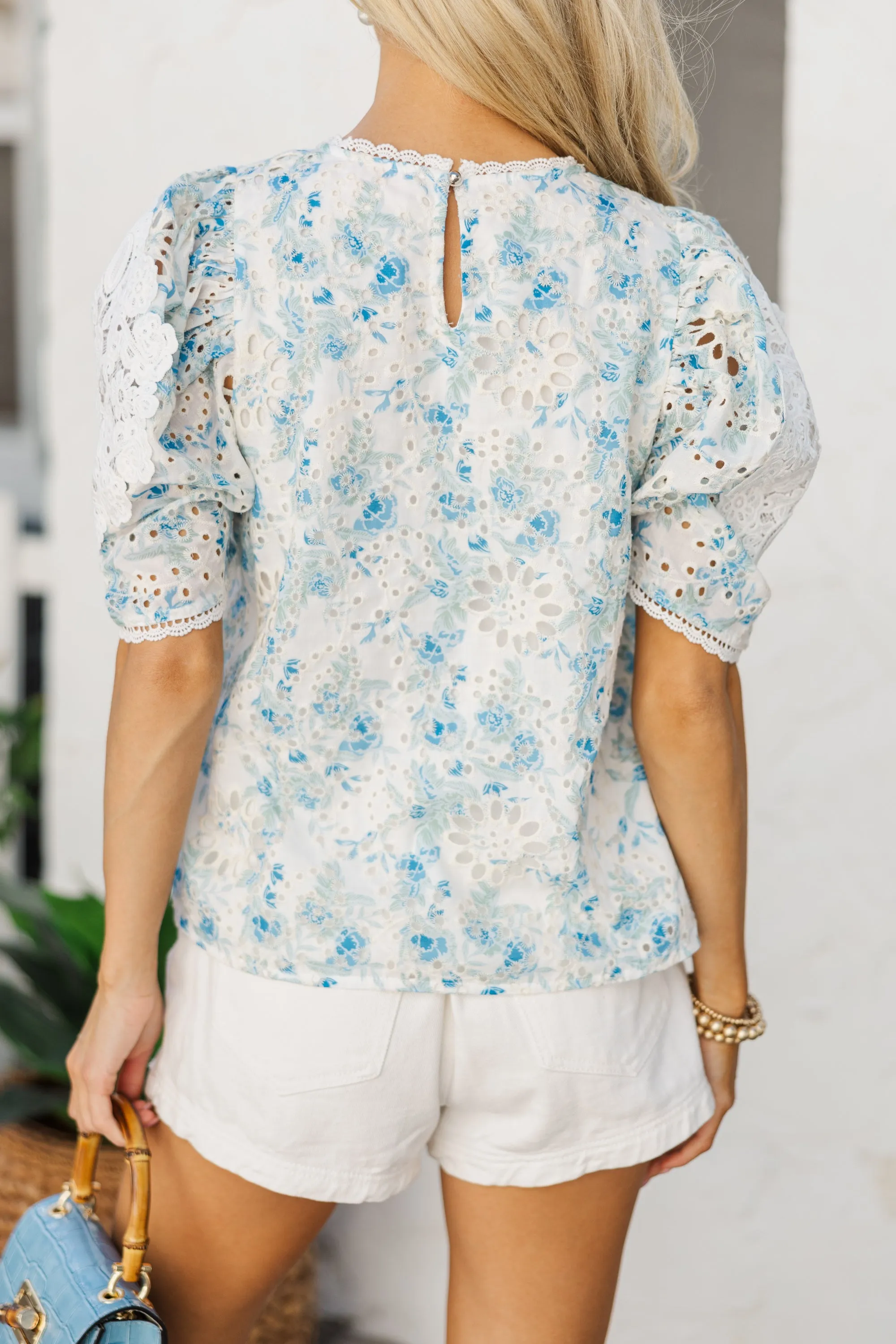 Feeling Joy Blue Floral Eyelet Blouse